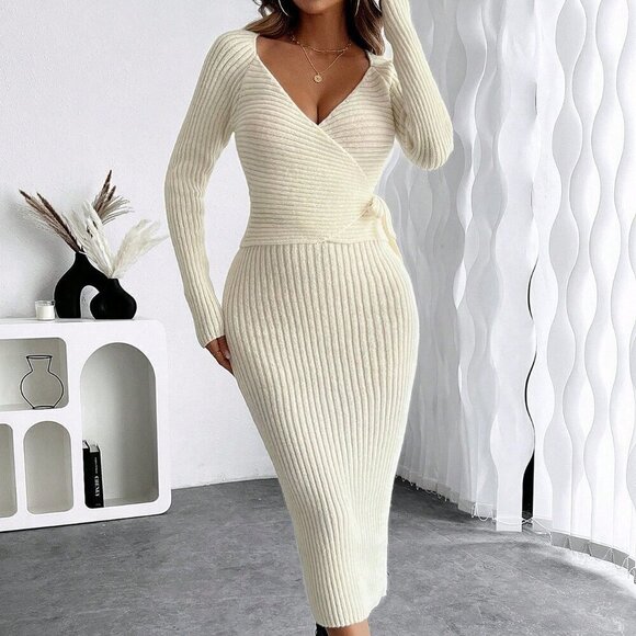 Beige Elegant Women's Stylish Knit V-Neck Cross-Tie Slimming Maxi Dress - Picture 6 of 7